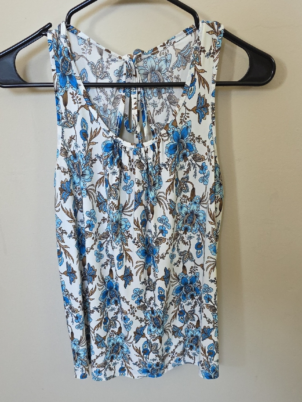 White Floral Tank Top with Blue & Brown Print
